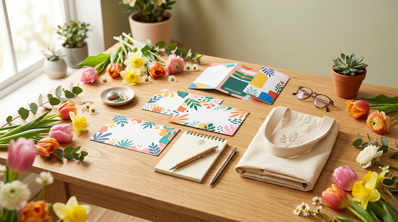 Spring marketing products flat lay with flowers, printed materials, and branded items on a desk